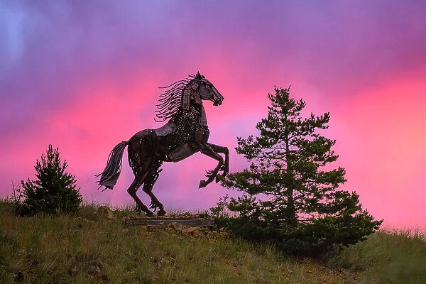 USA, Rockies, Montana, Pony, Bleu Horses, Sculpture by Jim Dolan
