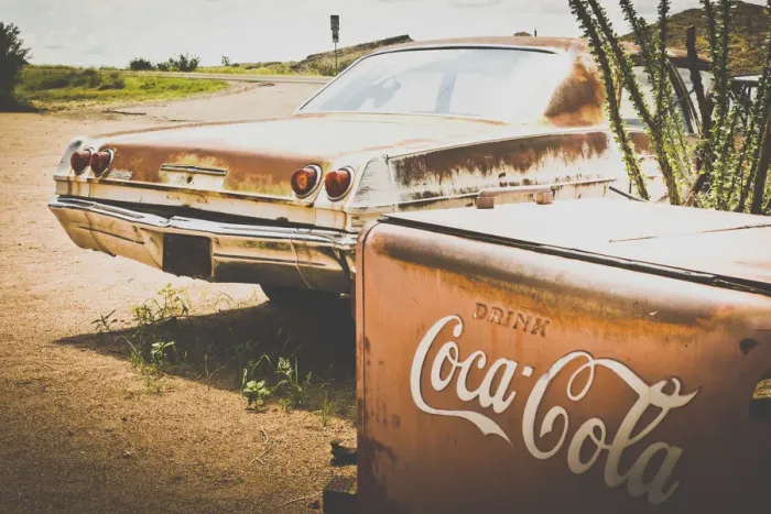 Framed Print : USA, Route 66, details of an old rugged Coca Cola fridge and car, vintage processing