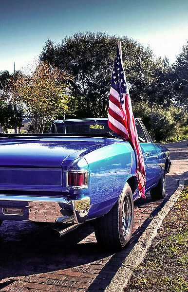 USA, Saint Petersburg, Florida, 1960's Chevrolet Chevelle, American Flag