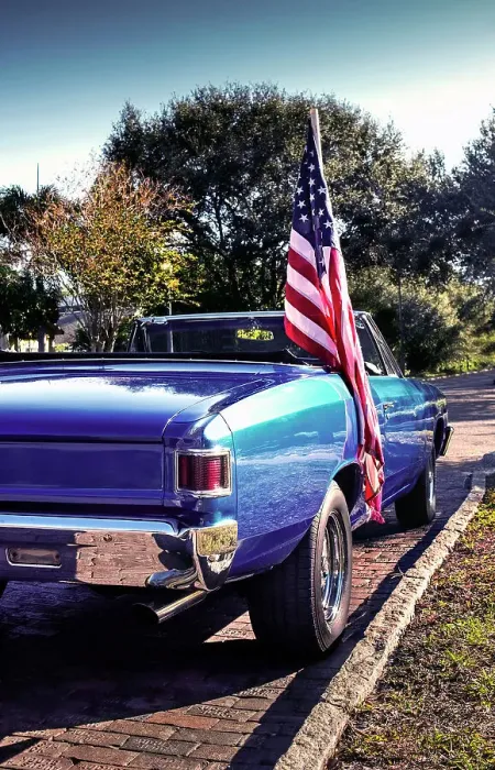Framed Print : USA, Saint Petersburg, Florida, 1960's Chevrolet Chevelle, American Flag