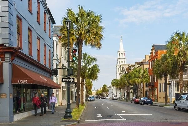 USA, South Carolina, Charleston, Colourful buildings in the historical centre and St