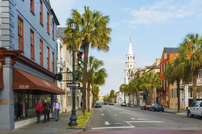 Framed Print : USA, South Carolina, Charleston, Colourful buildings in the historical centre and St Framed Print : USA, South Carolina, Charleston, Colourful buildings in the historical centre and St