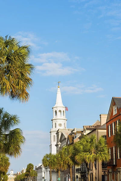USA, South Carolina, Charleston, Colourful Buildings and St Michaels church in the