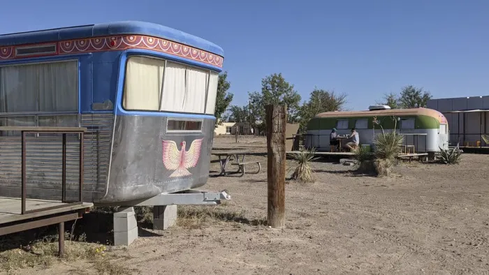Framed Print : USA, Texas Marfa, El Cosmico, trailer compound Framed Print : USA, Texas Marfa, El Cosmico, trailer compound
