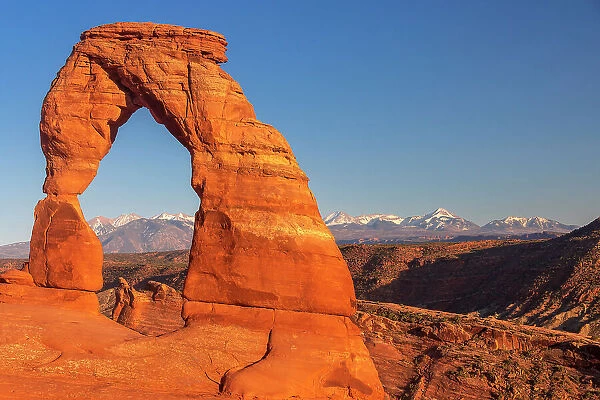 USA, Utah, majestic Delicate Arch rock formation at sunset in the Arches National Park