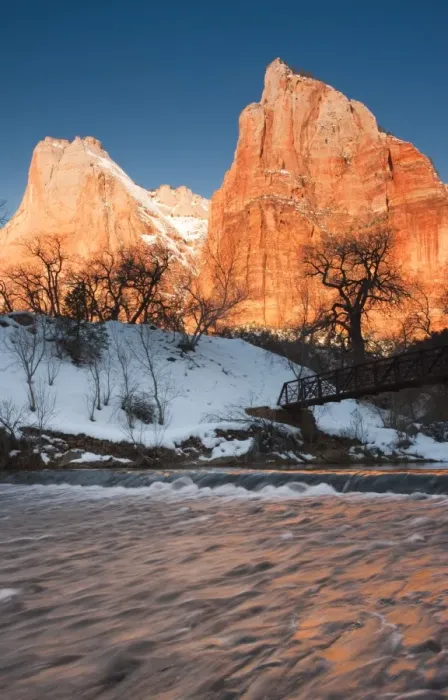 Framed Print : USA, Utah, Zion National Park, Mountain Sunrise by the North Fork Virgin River. winter Framed Print : USA, Utah, Zion National Park, Mountain Sunrise by the North Fork Virgin River. winter