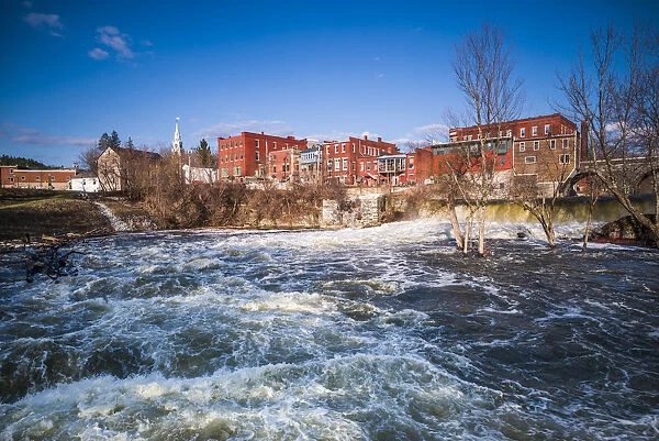 USA, Vermont, Middlebury, Town view from Otter Creek Falls, spring