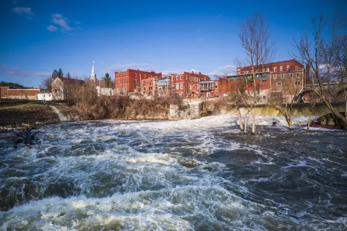 Framed Print : USA, Vermont, Middlebury, Town view from Otter Creek Falls, spring Framed Print : USA, Vermont, Middlebury, Town view from Otter Creek Falls, spring