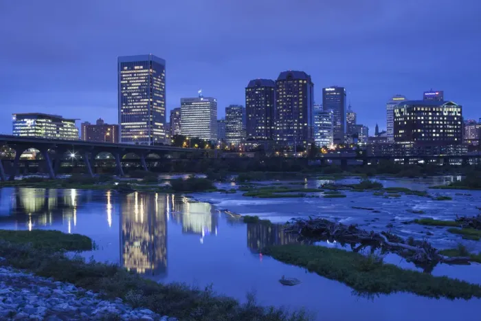 Framed Print : USA, Virginia, Richmond, skyline along James River, dusk Framed Print : USA, Virginia, Richmond, skyline along James River, dusk