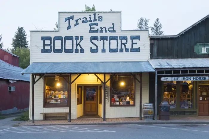 Framed Print : USA, Washington, Okanogan County, Winthrop, Book Store at dusk Framed Print : USA, Washington, Okanogan County, Winthrop, Book Store at dusk