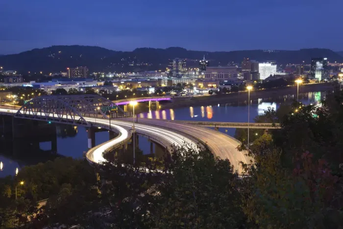 Framed Print : USA, West Virginia, Charleston, city and I-64 bridge, evening Framed Print : USA, West Virginia, Charleston, city and I-64 bridge, evening