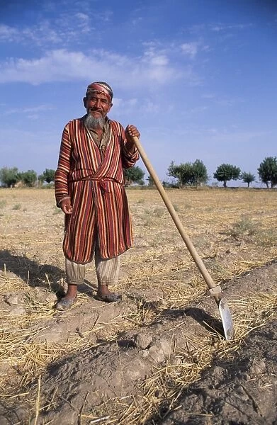 Uzbek man with hoe in a field