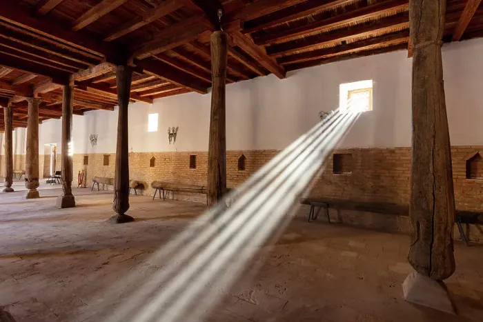 Framed Print : Uzbekistan, Khiva, Juma mosque, sun rays shine through a window in the Friday mosque where the ceiling is supported by 215 wooden pillars, sun rays Framed Print : Uzbekistan, Khiva, Juma mosque, sun rays shine through a window in the Friday mosque where the ceiling is supported by 215 wooden pillars, sun rays