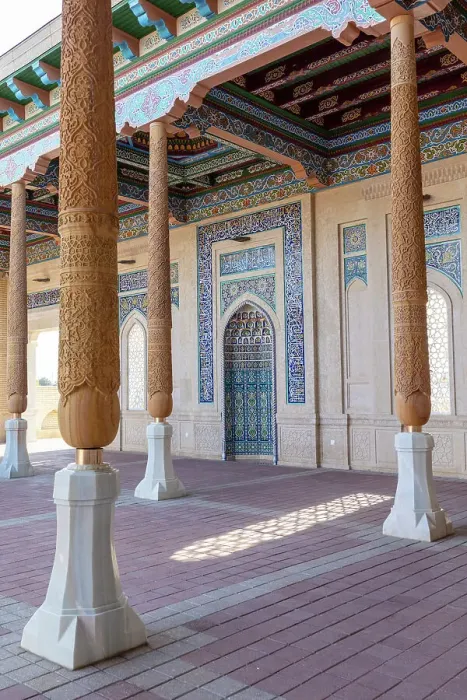 Framed Print : Uzbekistan, Samarkand, Hazrat Khizr Mosque, wooden carved pillars surround the main courtyard Framed Print : Uzbekistan, Samarkand, Hazrat Khizr Mosque, wooden carved pillars surround the main courtyard