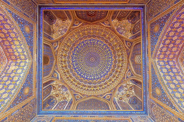 Uzbekistan, Samarkand, Registan square, decorative interior of the Ulugh Beg madrassah