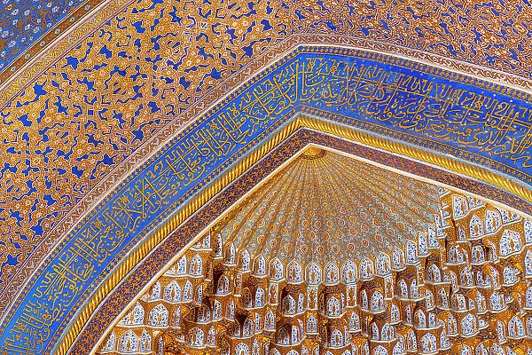 Uzbekistan, Samarkand, Registan square, decorative interior of the Ulugh Beg madrassah