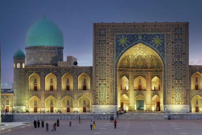 Framed Print : Uzbekistan, Samarkand, Registan square lit up at night Framed Print : Uzbekistan, Samarkand, Registan square lit up at night