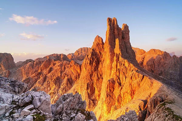 Vajolet towers at sunset in Catinaccio group of Dolomites