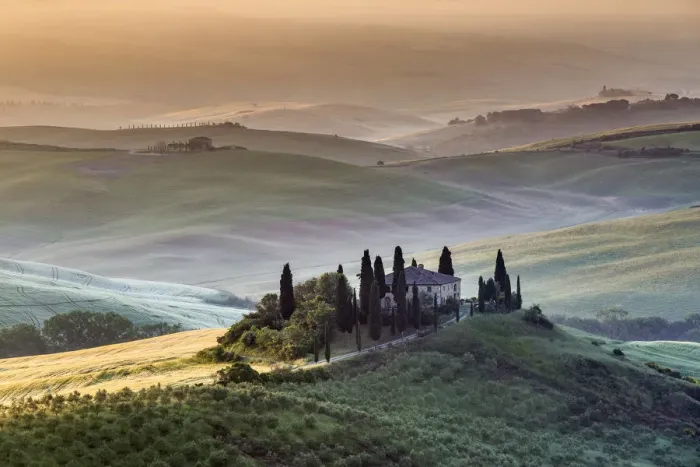 Framed Print : Val d Orcia, Tuscany, Italy. A lonely farmhouse with cypress and olive trees Framed Print : Val d Orcia, Tuscany, Italy. A lonely farmhouse with cypress and olive trees