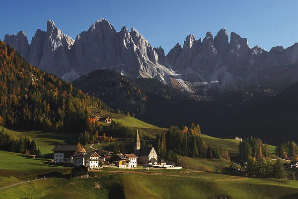Val di Funes overlooking the Odle mountain range in the Dolomites, Italy
