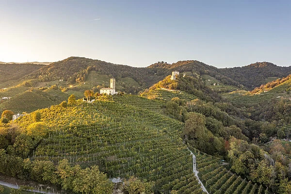 Valdobbiadene, Prosecco sparkling white wine region. Vineyards on the road and hills from above. Veneto, Italy