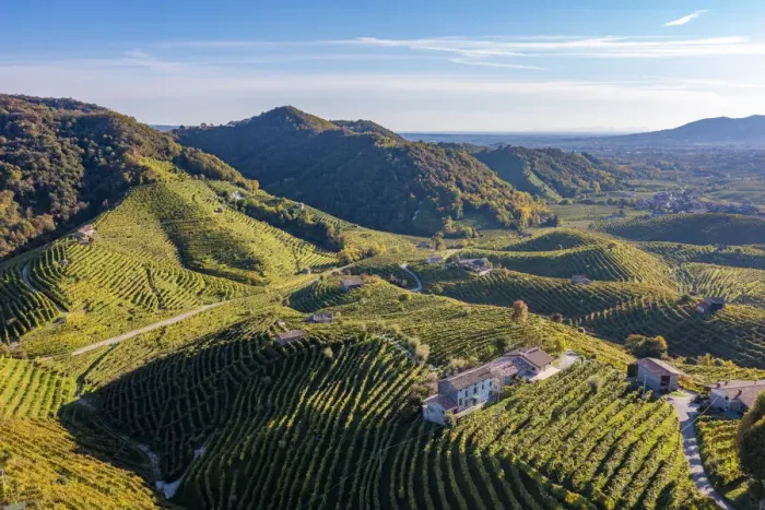 Framed Print : Valdobbiadene, Prosecco sparkling white wine region. Vineyards on the road and hills from above. Veneto, Italy