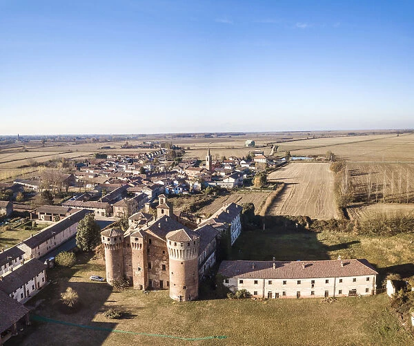 Valeggio, Province of Pavia, Lombardy, Italy. An aerial view of Valeggios Castle