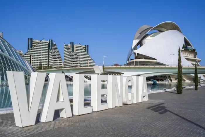 Framed Print : Valencia sign and Palau de les arts Reina Sofia opera house, City of Arts and Sciences (Ciudad de las Artes y las Ciencias), Valencia, Valencian Community, Spain