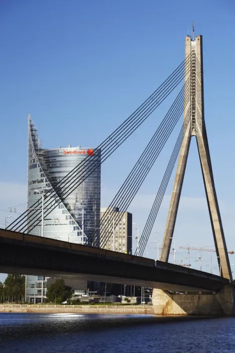 Framed Print : Vansu Bridge with Swedbank in background, Riga, Latvia Framed Print : Vansu Bridge with Swedbank in background, Riga, Latvia