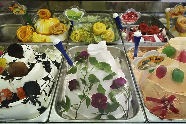 Various flavours of ice cream. Sibiu, Transylvania. Romania