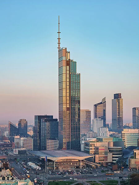 Varso Place Skyscraper and Central Train Station at sunrise, elevated view, Warsaw, Masovian Voivodeship, Poland