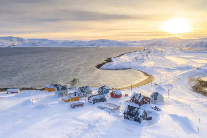 Framed Print : Veines village covered with snow lit by sunrise, Kongsfjord, Varanger Peninsula Framed Print : Veines village covered with snow lit by sunrise, Kongsfjord, Varanger Peninsula