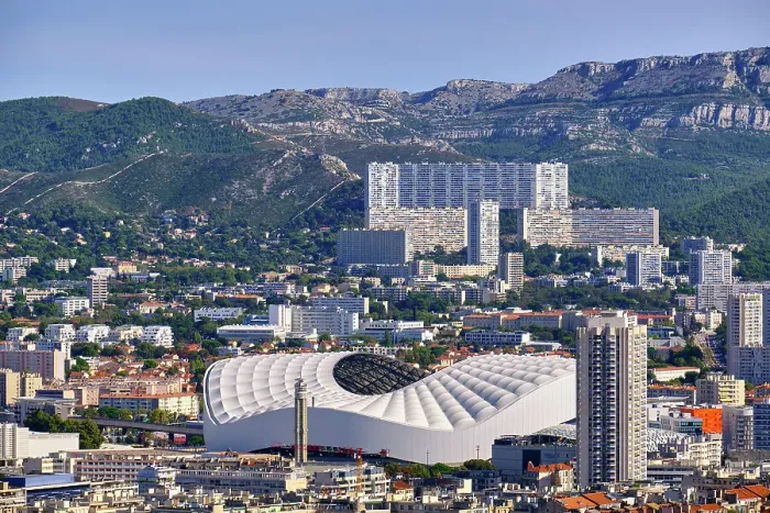 Framed Print : The Velodrome stadium and the district of La Panouse, a large complex of 2, 200 homes called La Rouviere. Marseille, France