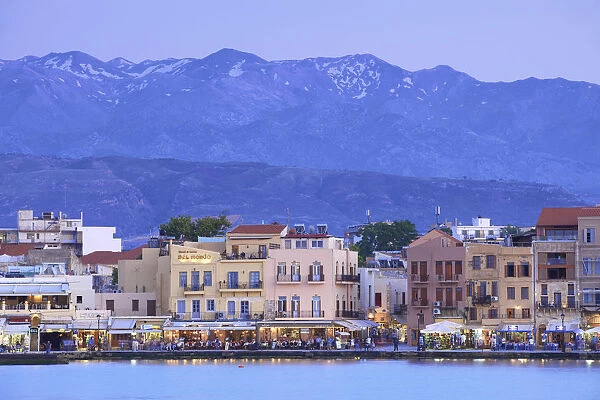 The Venetian Harbour at Dusk, Chania, Crete, Greek Islands, Greece, Europe