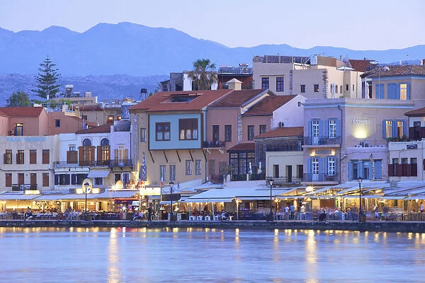The Venetian Harbour at Dusk, Chania, Crete, Greek Islands, Greece, Europe
