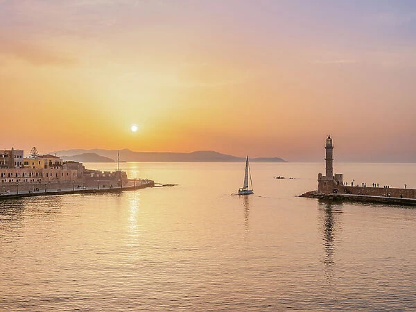 Venetian Harbour at sunset, elevated view, City of Chania, Crete, Greece