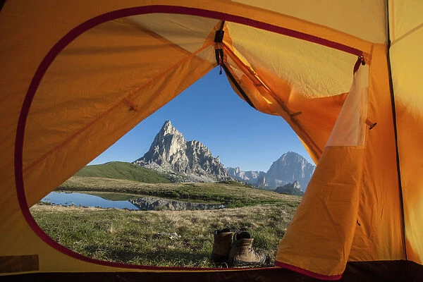 Veneto, Italy La Gusela mountain from the inside of the tent, in the background the