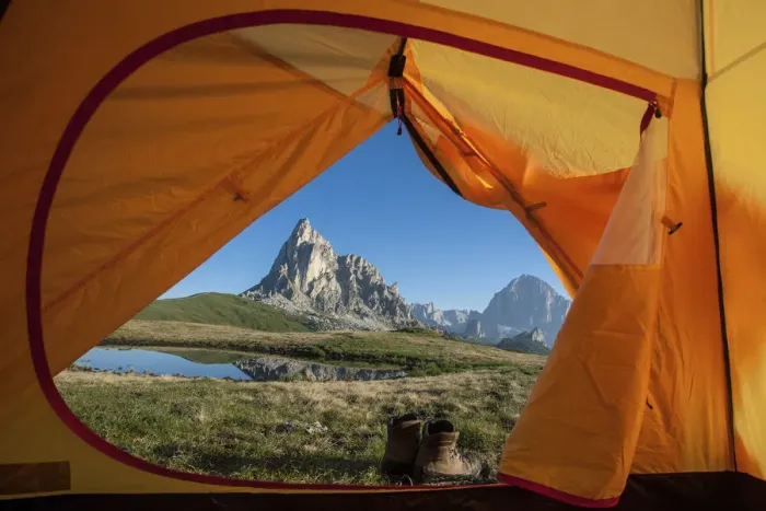 Framed Print : Veneto, Italy La Gusela mountain from the inside of the tent, in the background Framed Print : Veneto, Italy La Gusela mountain from the inside of the tent, in the background