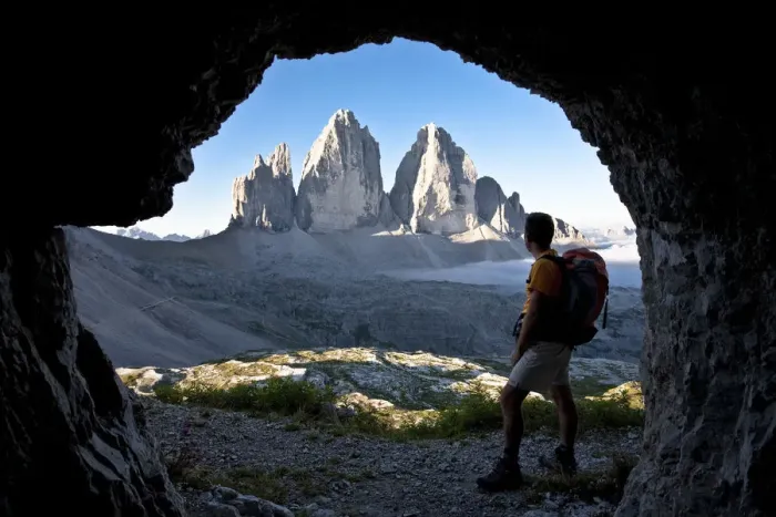 Framed Print : Veneto, trekker front Tre Cime di Lavaredo, Dolomites, Italy Framed Print : Veneto, trekker front Tre Cime di Lavaredo, Dolomites, Italy