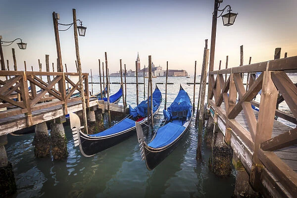 Venice, Veneto, Italy. Gondolas and San Giorgio in background