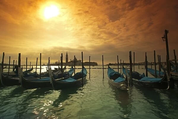 Venice, Veneto, Italy; Gondolas tied at the Bacino di San Marco