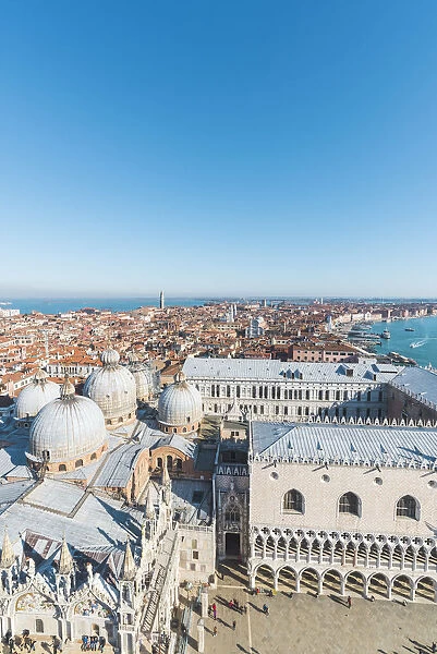 Venice, Veneto, Italy. High angle view over St Marks Basilica and Doges Palace