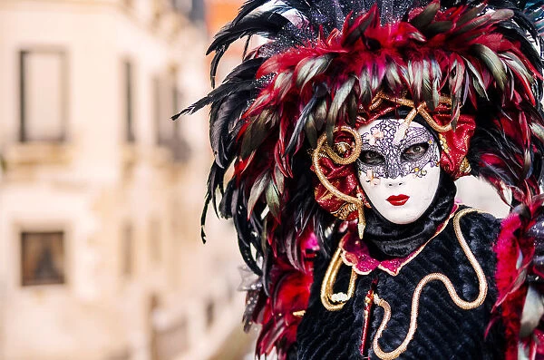 Venice, Veneto, Italy; A masked character in the city during Carnival