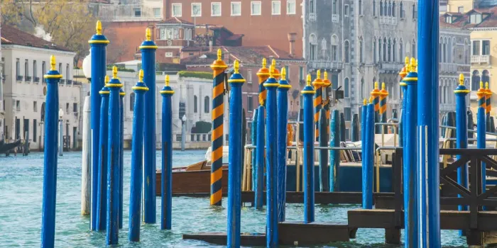 Framed Print : Venice, Veneto, Italy. Painted gondola mooring poles on the Grand Canal Framed Print : Venice, Veneto, Italy. Painted gondola mooring poles on the Grand Canal