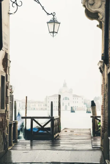 Framed Print : Venice, Veneto, Italy. Pier on the waterfront in the mist and St Mary Of The Presentation Framed Print : Venice, Veneto, Italy. Pier on the waterfront in the mist and St Mary Of The Presentation