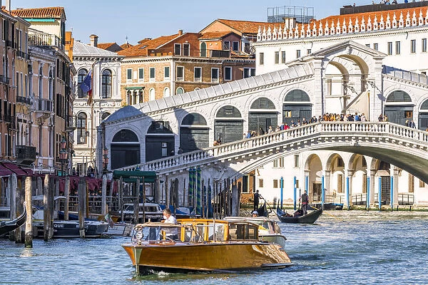 Venice, Veneto, Italy. Rialto bridge, Grand Canal and boats