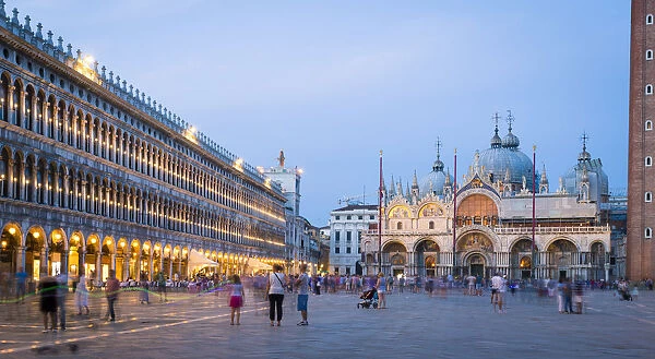Venice, Veneto, Italy. San Marco Square at night. Basilica in background