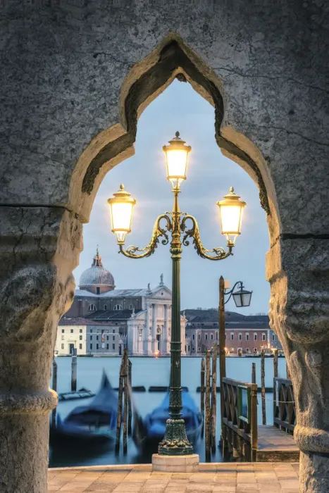 Framed Print : Venice, Veneto, Italy. St Marks waterfront and San Giorgio Maggiore at dusk Framed Print : Venice, Veneto, Italy. St Marks waterfront and San Giorgio Maggiore at dusk