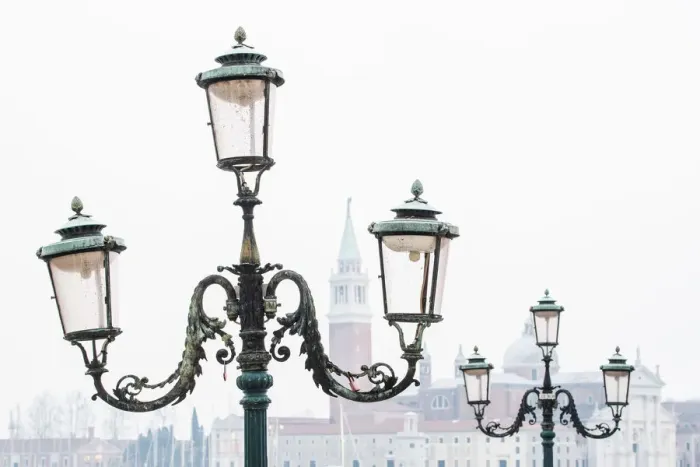 Framed Print : Venice, Veneto, Italy. Typical street lamps and San Giorgio Maggiore in a misty morning Framed Print : Venice, Veneto, Italy. Typical street lamps and San Giorgio Maggiore in a misty morning