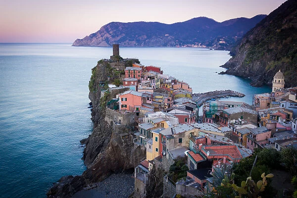 Vernazza, Cinque Terre, Liguria, Italy. Sunrise over the town, view from a vantage point